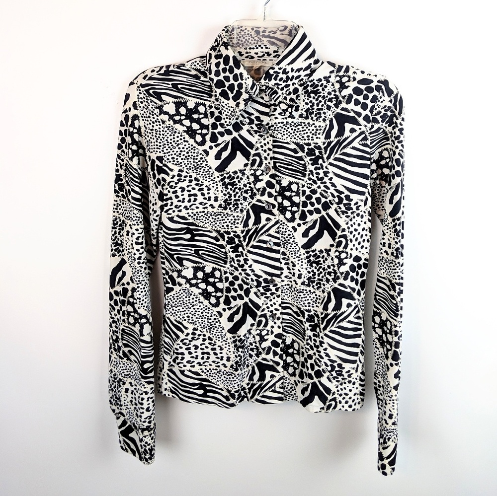 RAYURE PARIS Black & White Stretch Button Blouse Size 8